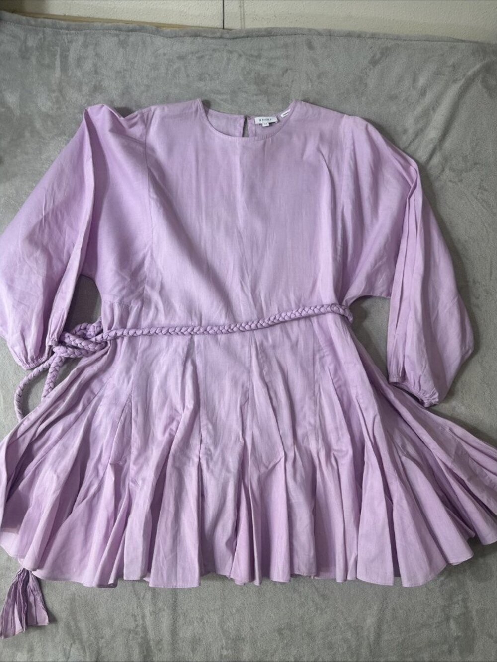 Rhode Lavender Mini Dress Braided Waist Tie Flowy Long Sleeve XS - Picture 2 of 9